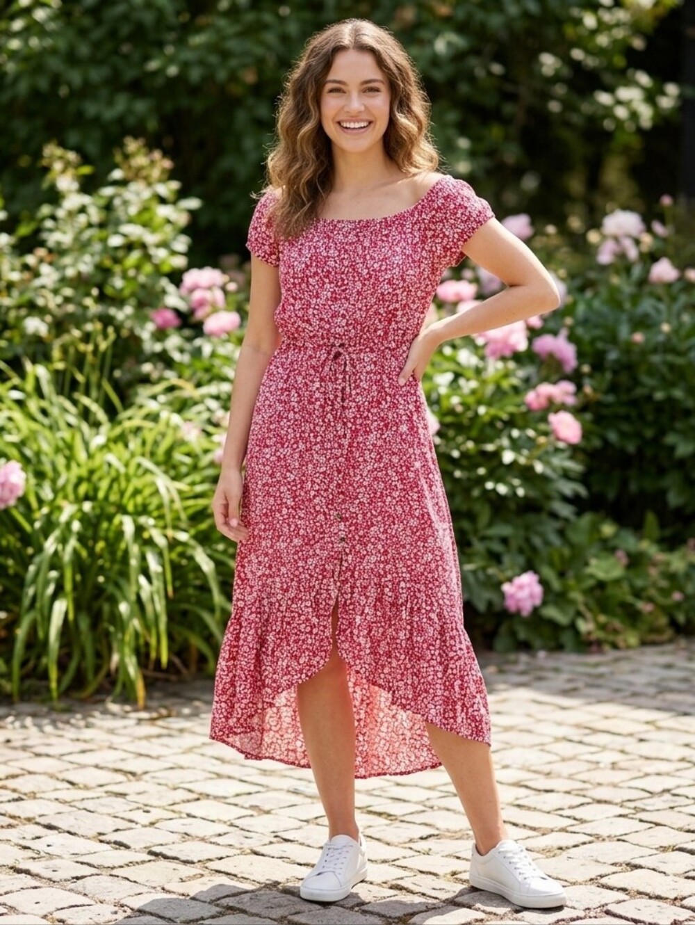 Indigo Rose Women’s Red Floral Midi Dress with Smocked Bodice Med